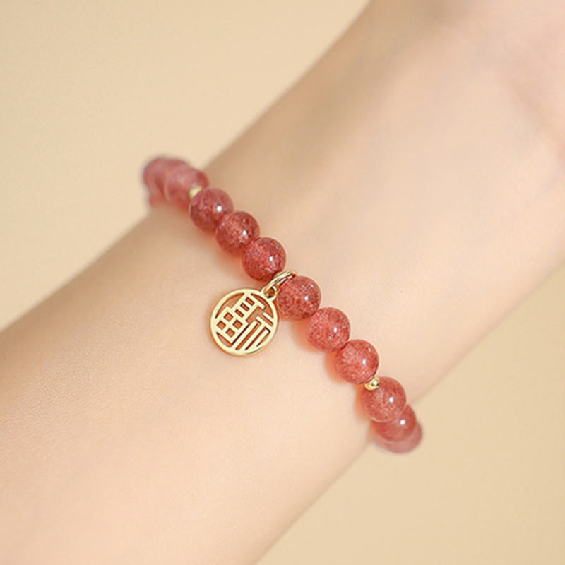Buddha Stones 14K Gold Plated Strawberry Quartz Fu Character Healing Charm Bracelet - image 11