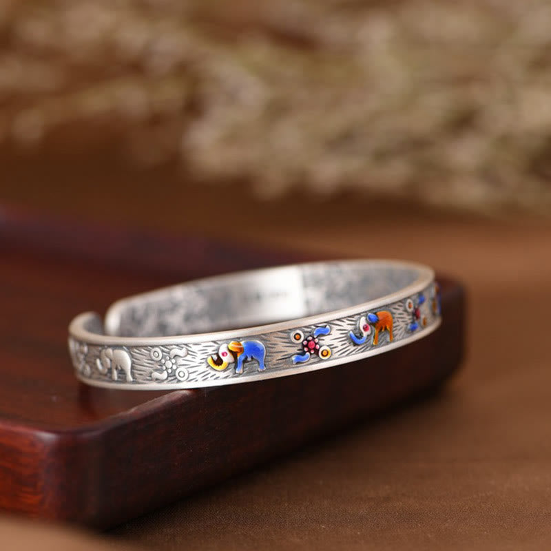 Buddha Stones 999 Sterling Silver Elephant Strength Wisdom Bracelet Cuff Bangle - image 3