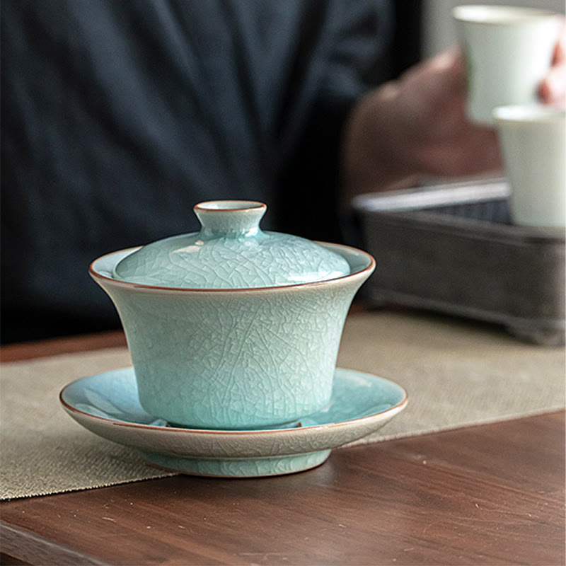 Buddha Stones Retro Green Ice Glaze Ceramic Gaiwan Sancai Teacup Kung Fu Tea Cup And Saucer With Lid - image 11