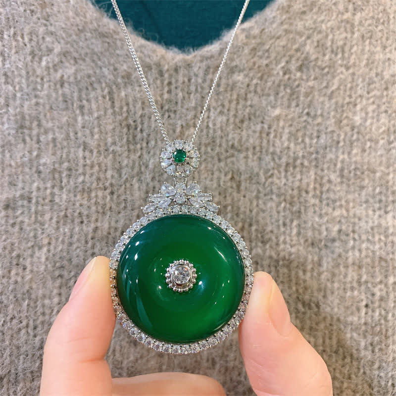 Buddha Stones Green Chalcedony Round Peace Buckle Strength Necklace Pendant - image 5
