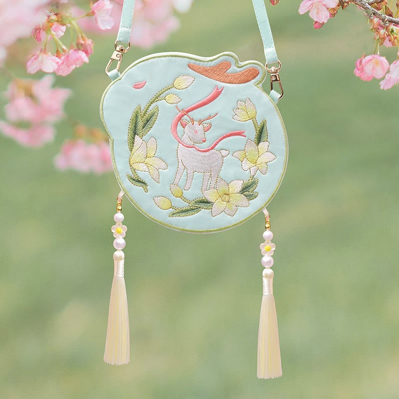 Buddha Stones Embroidery Lucky Panda Cat Shiba Inu Deer Rabbit Fox Flower Cute Animal Hanfu Bag Crossbody Bag Shoulder Bag - White Deer - image 30