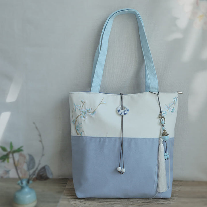 Buddha Stones Pear Flower Plum Peach Blossom Bamboo Embroidery Canvas Large Capacity Shoulder Bag Tote Bag - image 16