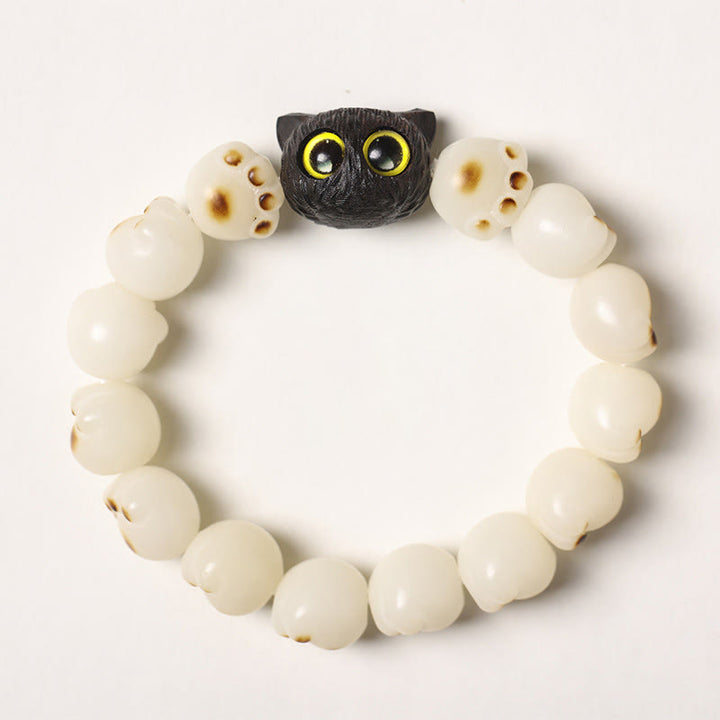 Buddha Stones Natural Bodhi Seed Lovely Paw Ebony Wood Lucky Cat Wisdom Bracelet - White Bodhi Seed - Simple Version(Wrist Circumference 14-15cm) - image 16