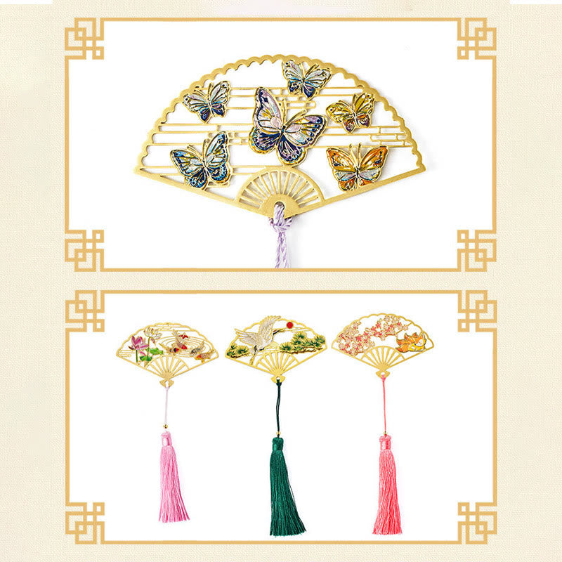 Buddha Stones Traditional Butterfly Lotus Flower Crane Dragon Phoenix Fox Koi Fish New Beginning Metal Brass Hollow Fan Bookmarks - image 4