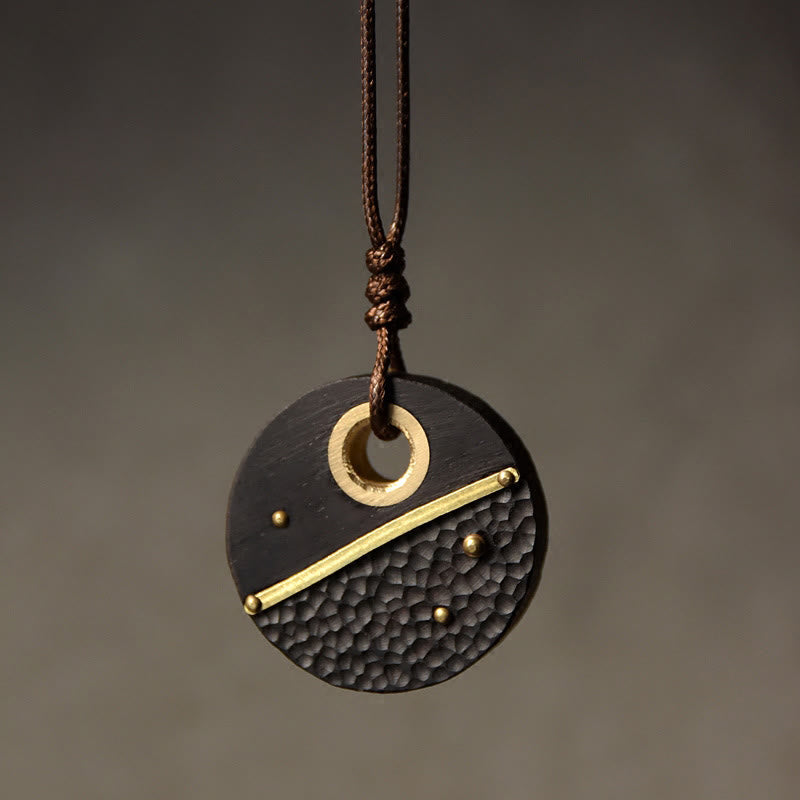 Buddha Stones Handcrafted Round Ebony Wood Copper Peace Necklace Pendant - Ebony Wood(Balance♥Calm) - image 0