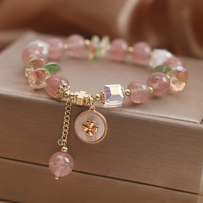 Buddha Stones Strawberry Quartz Lucky Four Leaf Clover Healing Charm Bracelet - image 5