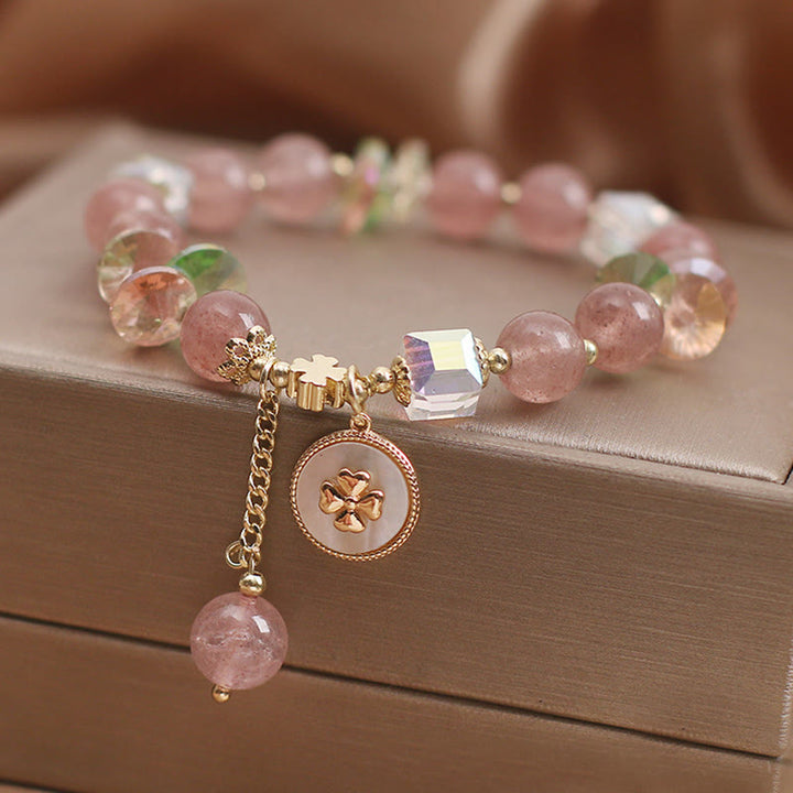 Buddha Stones Strawberry Quartz Lucky Four Leaf Clover Healing Charm Bracelet - image 5