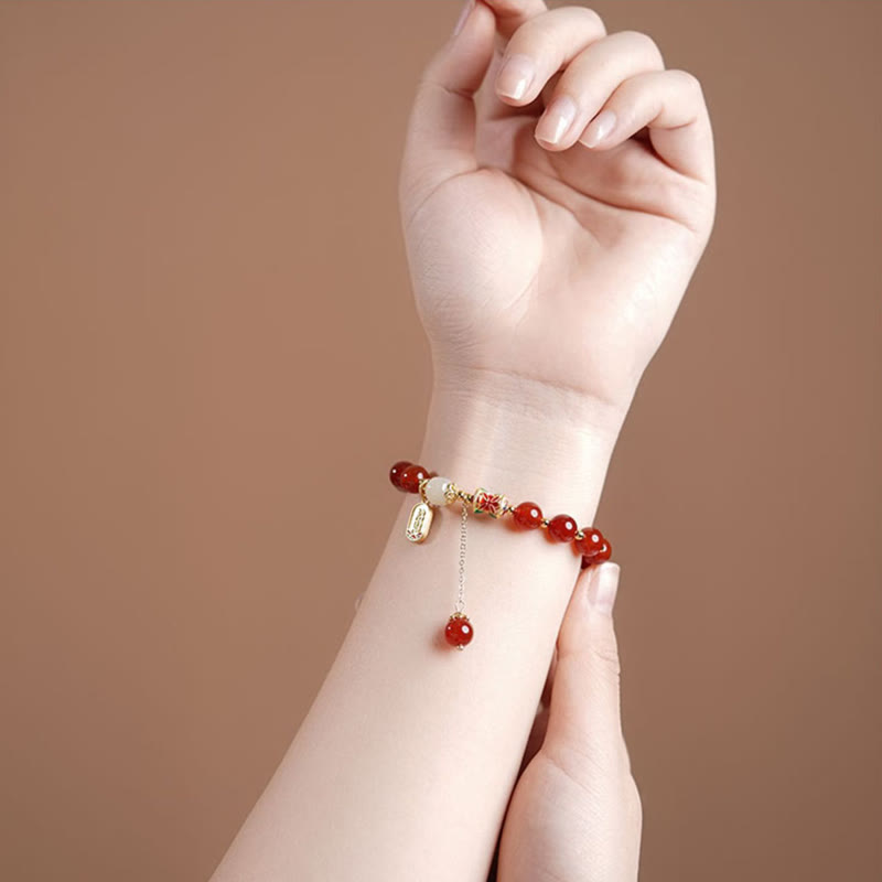 Buddha Stones Natural Red Agate Hetian Jade Fu Character Confidence Charm Bracelet - image 8