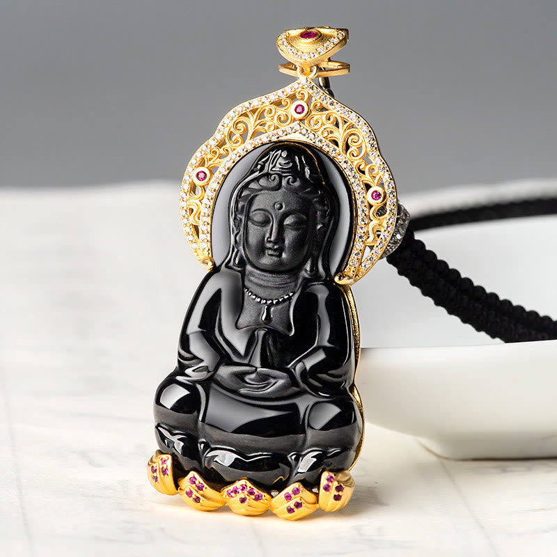 Buddha Stones 925 Sterling Silver Natural Black Jade Kwan Yin Avalokitesvara Wealth Necklace Pendant - image 1