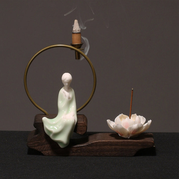 Buddha Stones Ceramic Lotus Healing Meditation Incense Burner Decoration - Cyan Painting - image 14