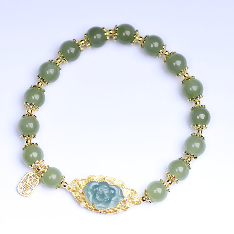 14K Gold Plated 925 Sterling Silver Hetian Jade Lotus Luck Bracelet - image 3