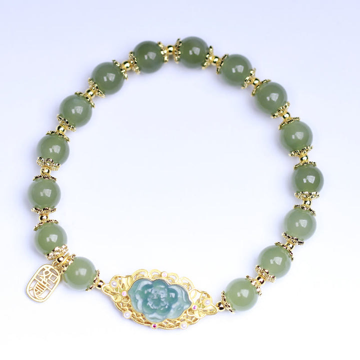 14K Gold Plated 925 Sterling Silver Hetian Jade Lotus Luck Bracelet - image 3
