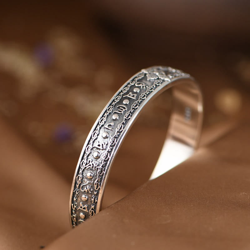 Buddha Stones 925 Sterling Silver Om Mani Padme Hum Double Dorje Engraved Wisdom Cuff Bracelet Bangle - image 5