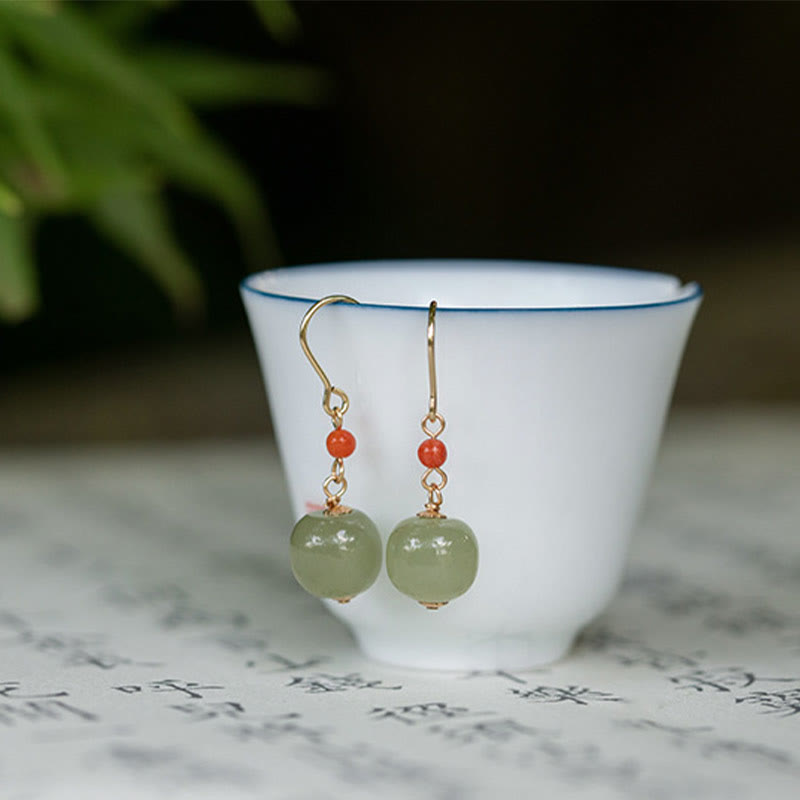 Buddha Stones 925 Sterling Silver 14K Gold Plated Hetian Jade Red Agate Luck Drop Dangle Earrings - image 4