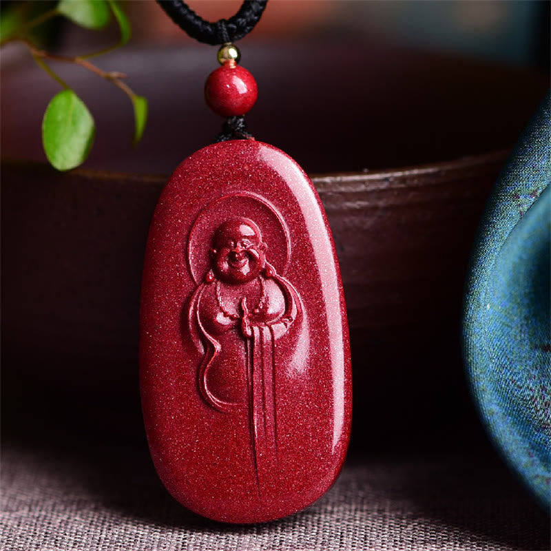 Buddha Stones Laughing Buddha Yin Yang Chinese Zodiac Gourd Natural Cinnabar Blessing Necklace Pendant - Laughing Buddha 38*21*8mm - image 0