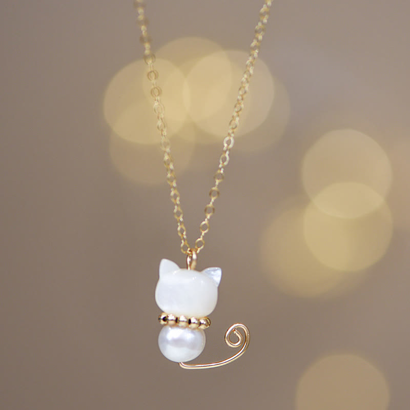 Buddha Stones 14K Gold Plated Pearl Hetian Jade Shell Luck Cat Kitten Necklace Pendant - Normal 14K Gold Plated - Pearl - image 1