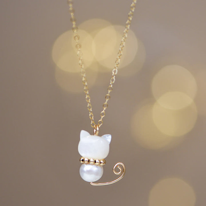 Buddha Stones 14K Gold Plated Pearl Hetian Jade Shell Luck Cat Kitten Necklace Pendant - Normal 14K Gold Plated - Pearl - image 1