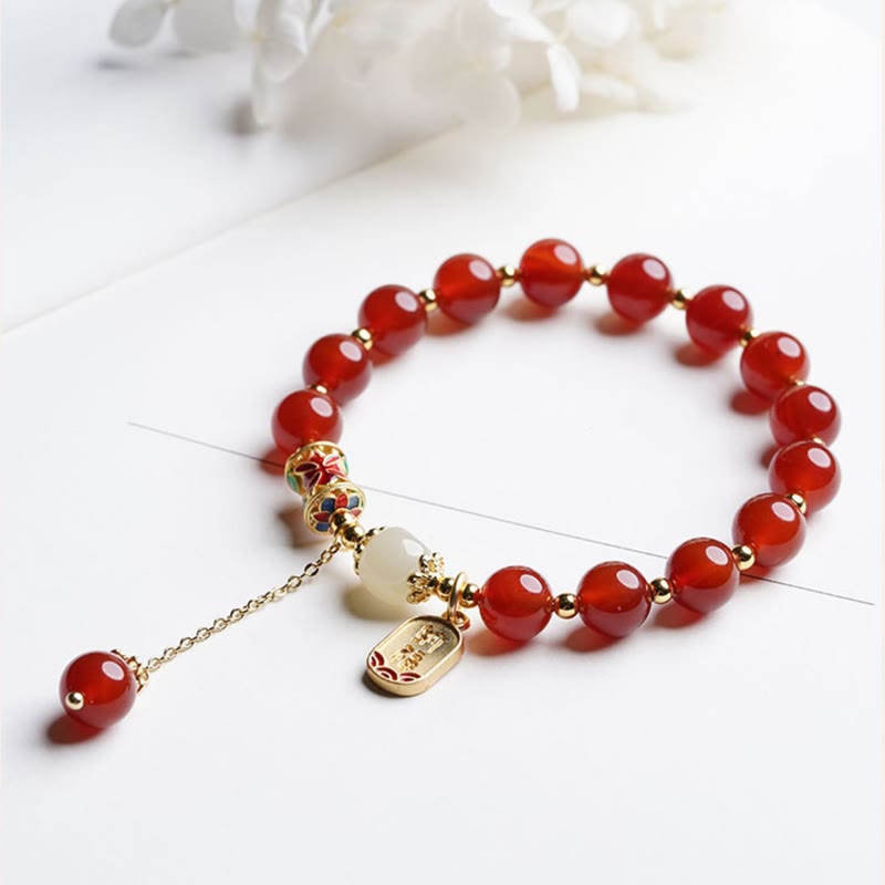 Buddha Stones Natural Red Agate Hetian Jade Fu Character Confidence Charm Bracelet - image 3
