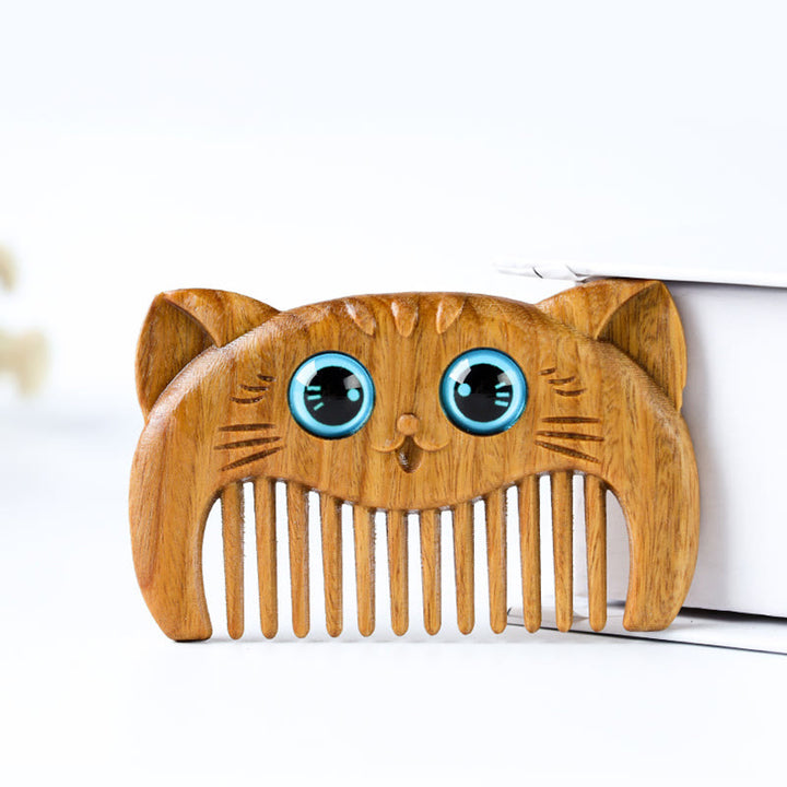 Buddha Stones Simple Cat Pattern Green Sandalwood Cure Portable Comb - image 9