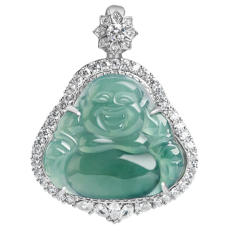 Buddha Stones Laughing Buddha Natural Jade Luck Abundance Titanium Steel Chain Necklace Pendant - image 6