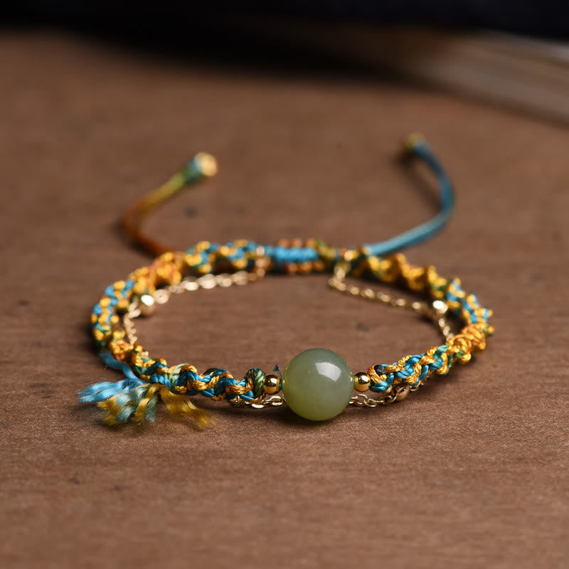 Buddha Stones Handmade Colorful Rope Luck Jade Bead Abundance Double Layer Bracelet - 14-16cm - image 0