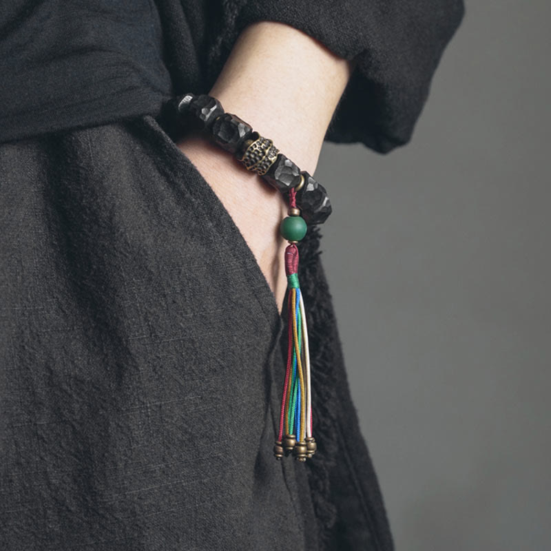 Buddha Stones Tibet Ebony Wood Copper Peace Tassel Wrist Mala Bracelet - image 1
