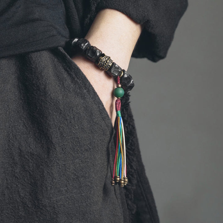 Buddha Stones Tibet Ebony Wood Copper Peace Tassel Wrist Mala Bracelet - image 1
