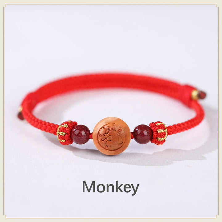 Buddha Stones Natural Peach Wood Chinese Zodiac Fu Character Carved Cinnabar Wealth Bracelet - Monkey-Red(Wrist Circumference 14-22cm) - image 7