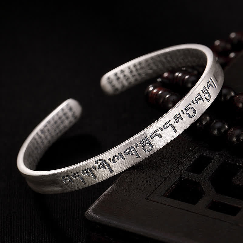 Buddha Stones 999 Sterling Silver Six True Words Heart Sutra Protection Bracelet Bangle - 999 Sterling Silver - image 0