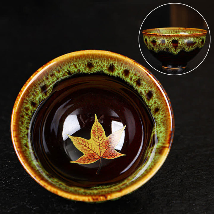 Buddha Stones Maple Leaf Colorful Ceramic Teacup Home Tea Cups - 8cm*4.5cm*90ml - Green - image 18