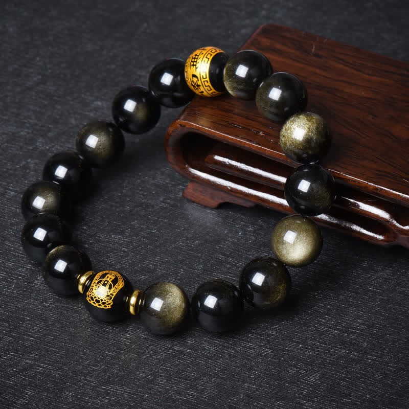 Buddha Stones Chinese Zodiac Natal Buddha Gold Sheen Obsidian Wealth Protection Bracelet - image 11