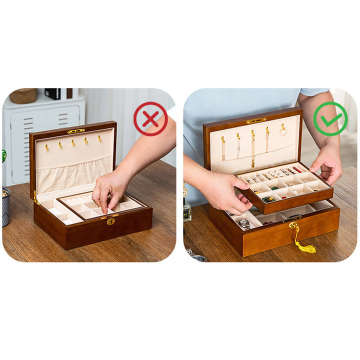 Buddha Stones Vintage Wooden Jewelry Box Two-Layer Solid Wood Jewelry Storage Box - image 18