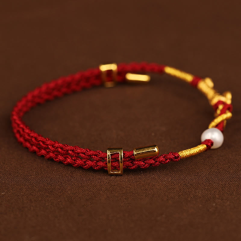 Buddha Stones 24K Gold Wish Ruyi Handle Fu Character Rabbit Pearl Luck Braided Bracelet - image 7