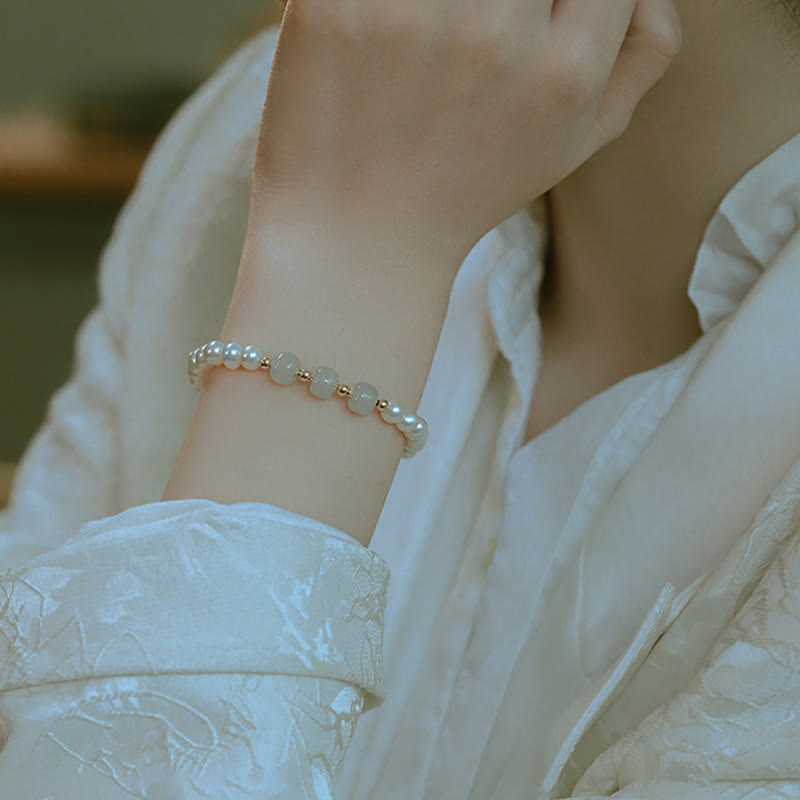 Buddha Stones 14K Gold Plated Natural Pearl Hetian Cyan Jade White Jade Sincerity Bead Chain Bracelet - image 19