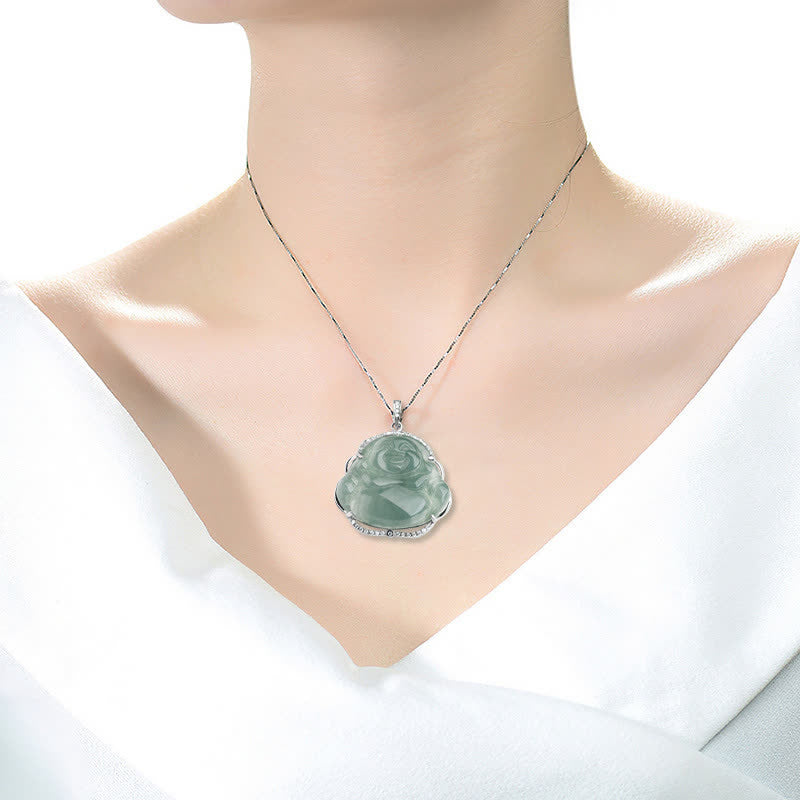 Buddha Stones Laughing Buddha Natural Jade Luck Necklace Titanium Steel Chain Pendant - image 2