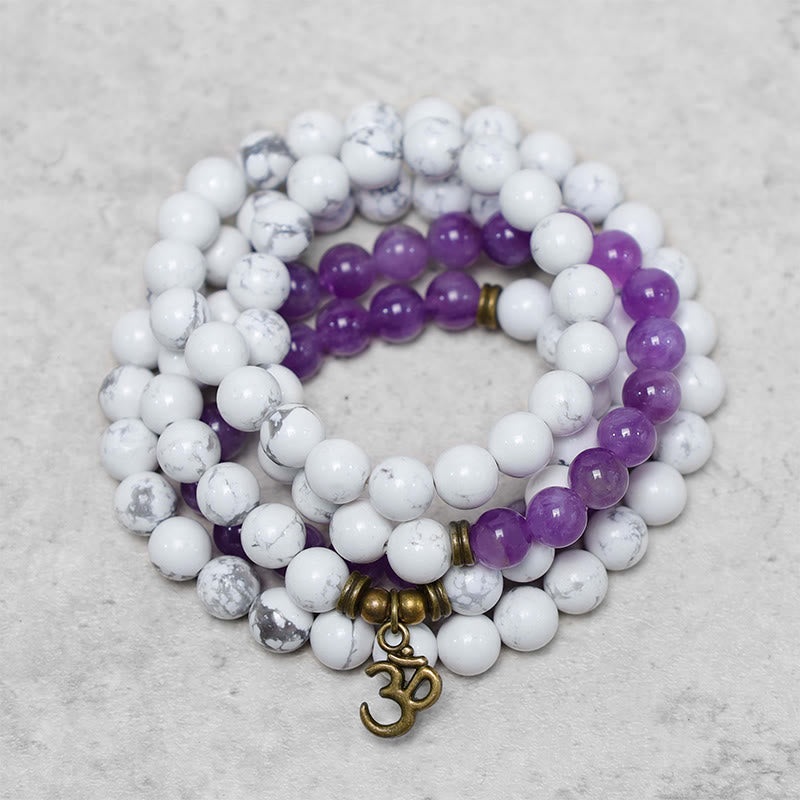 Buddha Stones 108 Mala Beads Amethyst White Turquoise OM Healing Meditation Energy Bracelet - image 0
