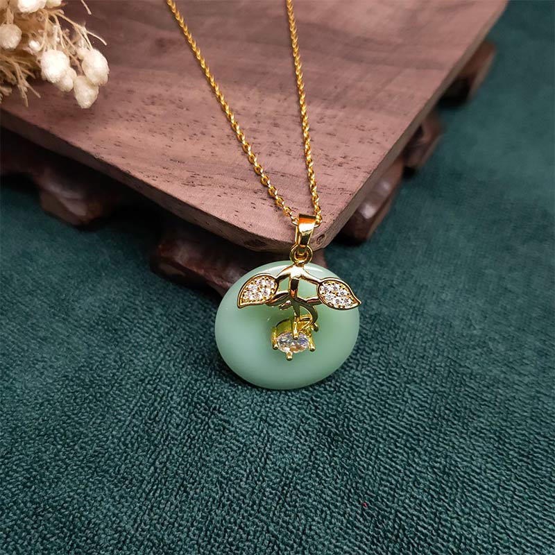 Buddha Stones Round Jade Leaf Blessing Fortune Necklace Chain Pendant - image 2