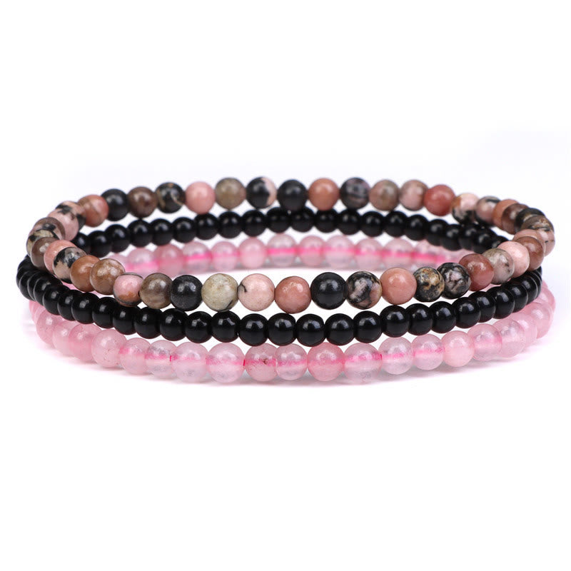 Buddha Stones 3Pcs Natural Crystal Stone Inner Peace Spiritual Bracelet - Rhodonite&Black Glass Beads&Pink Crystal(Wrist Circumference 15-19cm) - image 5
