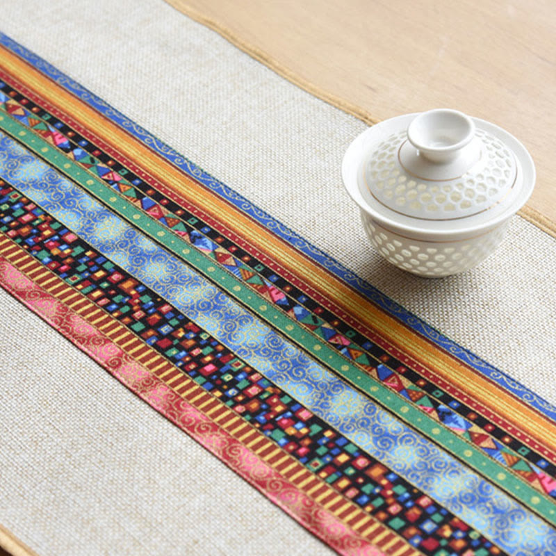Buddha Stones Classic Chinese Style Lotus Koi Fish Flower Crane Calligraphy Enlightenment Cotton Linen Tassels Table Runner - image 3