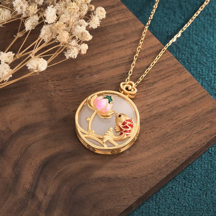 Buddha Stones White Jade Koi Fish Lotus Blessing Necklace Pendant - image 2