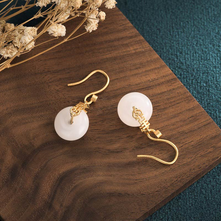 Buddha Stones White Jade Double Happiness Fortune Earrings - image 3