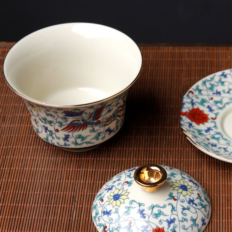 Buddha Stones Retro Plum Blossom Pine Bamboo Phoenix Kirin Ceramic Gaiwan Sancai Teacup Kung Fu Tea Cup and Saucer with Lid - image 7