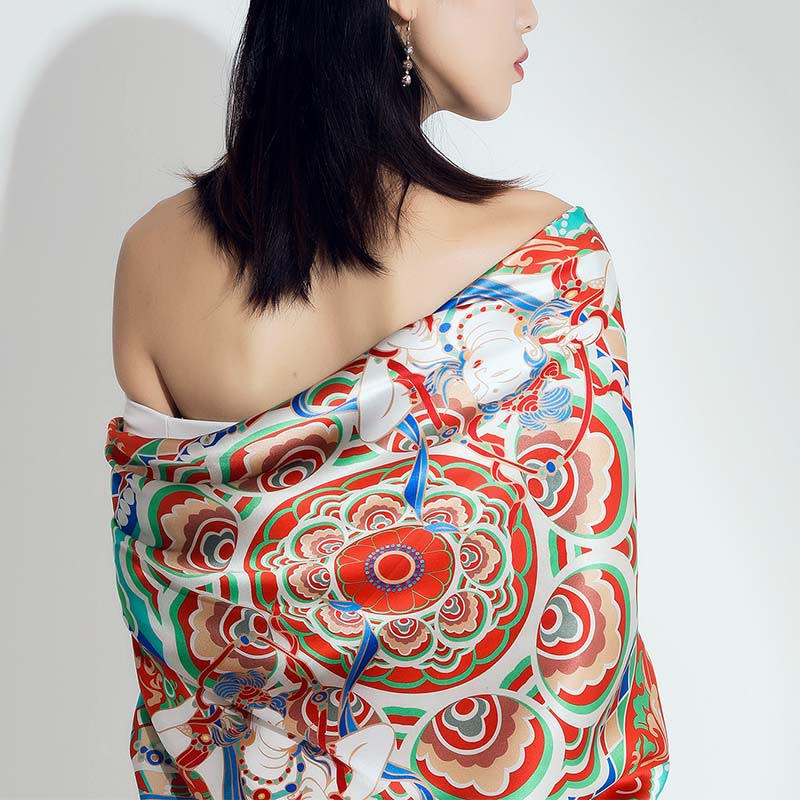 Buddha Stones Dunhuang Musician Playing Frescoes 100% Mulberry Silk Scarf Premium Grade 6A Dunhuang Silk Shawl - image 2