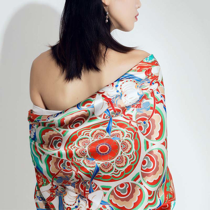 Buddha Stones Dunhuang Musician Playing Frescoes 100% Mulberry Silk Scarf Premium Grade 6A Dunhuang Silk Shawl - image 2