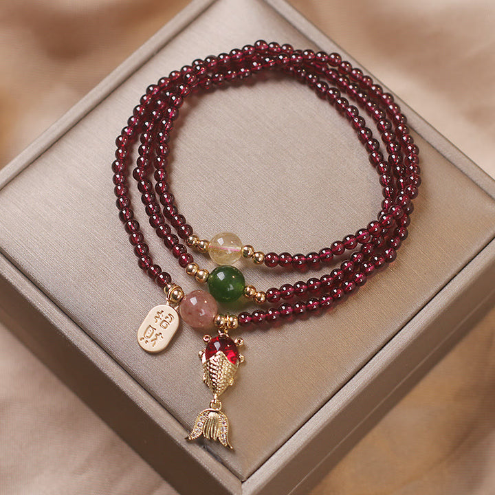 Buddha Stones Natural Garnet Strawberry Quartz Crystal Fox Koi Fish Peace Buckle Fortune Protection Triple Wrap Bracelet - image 6