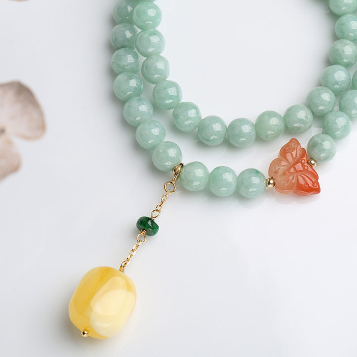 Buddha Stones 925 Sterling Silver Natural Jade Amber Butterfly Luck Abundance Bracelet - image 2