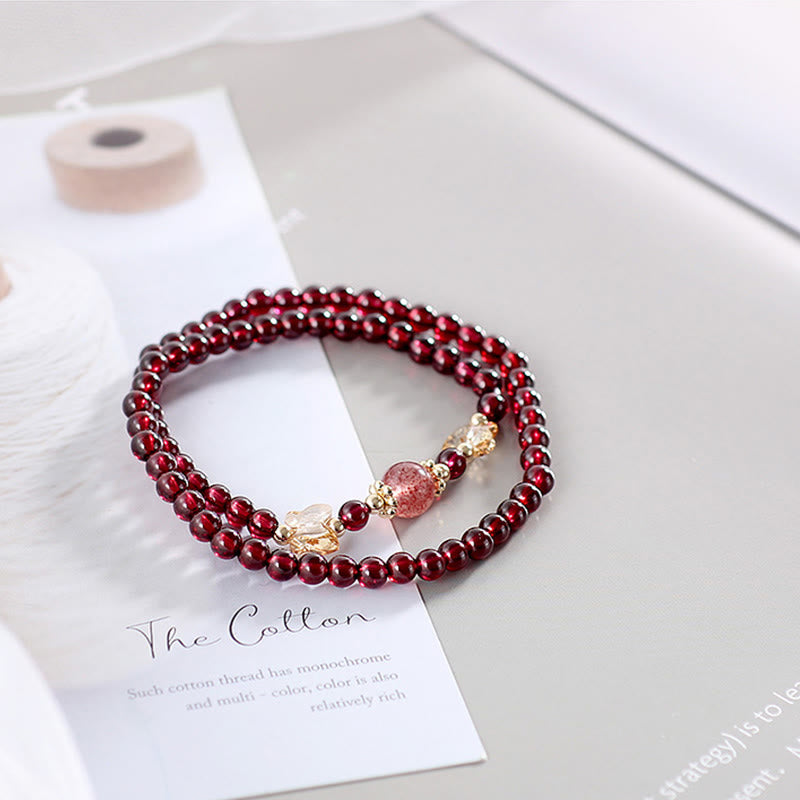 Buddha Stones 14K Gold Plated Natural Garnet Strawberry Quartz Butterfly Protection Double Wrap Bracelet - image 4