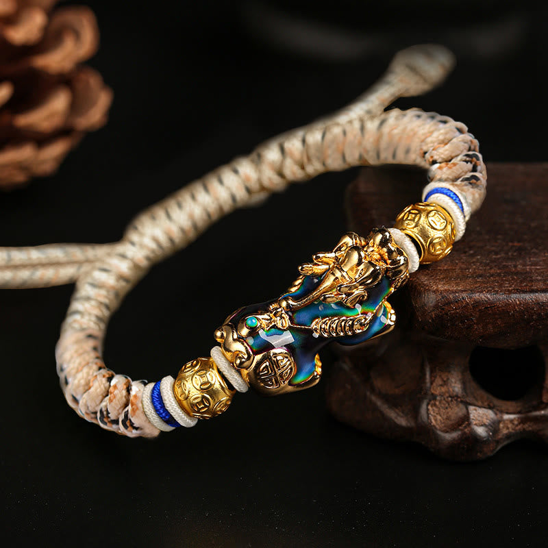 Buddha Stones Feng Shui PiXiu Color Change Copper Coin Beads Wealth String Bracelet - Beige Black PiXiu - image 0