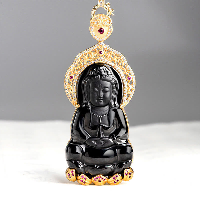 Buddha Stones 925 Sterling Silver Natural Black Jade Kwan Yin Avalokitesvara Wealth Necklace Pendant - Black Jade(Protection♥Calm) - image 0