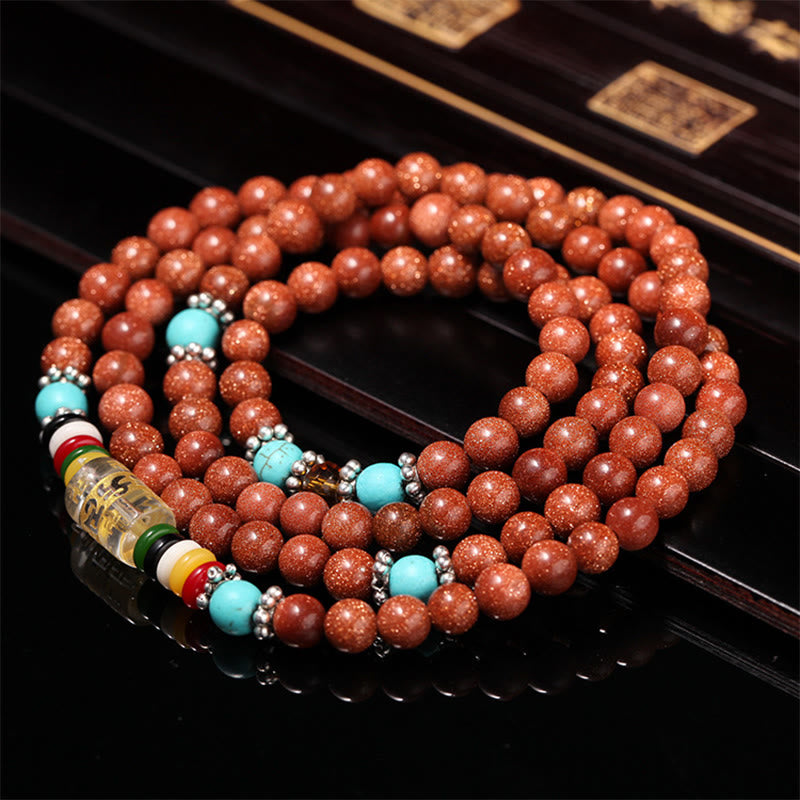 Buddha Stones 108 Mala Beads Goldstone Om Mani Padme Hum Swastika Confidence Bracelet - image 6